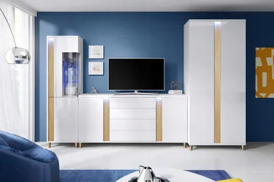 Produktbild von Wandschrank Marco 7 Wohnzimmermöbel Set + Led (Weiss/Holz)
