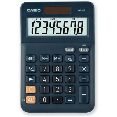 A close-up studio shot of a dark blue Casio MS-8E calculator on a white background.