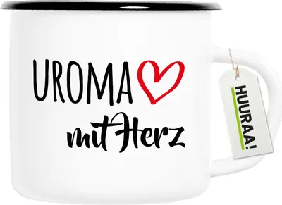 Produktbild von Huuraa Emaille Tasse Uroma mit Herz 300ml Vintage Campingbecher Geschenkidee