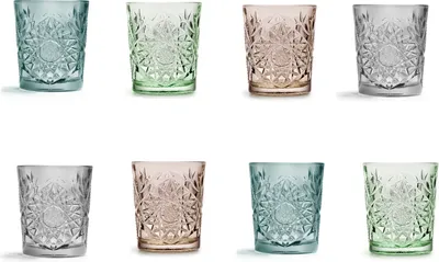 Produktbild von Libbey Hobstar schönes Set aus 8 Wasser- und Whiskygläsern in Blau – Ebenholzgrün – Zartes Taupe – Grau
