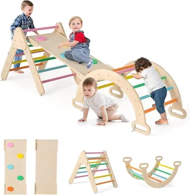 Imagen del producto de Estructura de escalada interior, 4 en 1: triángulo de escalada, arco de escalada, escalera y tobogán. Juego de escalada con forma de triángulo para niños pequeños a partir de 1 año (de colores)