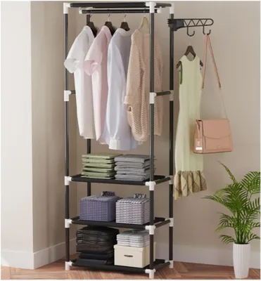 Produktbild von Kleiderständer – Garderobenstange mit Haken – zur Raumorganisation – mit Schuhablage – 55 x 35 x 170 cm – Schwarz