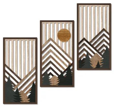 Produktbild von Solidchoice – Set mit 3 Boho-Wanddekorationen aus Holz mit Berglandschaft