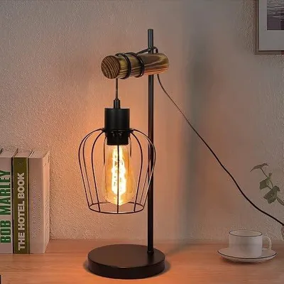 Zdjęcie produktu dla Lampa stołowa retro industrialna czarna metal drewno E27 nocna