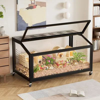 Obrázok produktu pre Kovová klietka pre škrečky s kolieskami, priehľadná klietka pre potkany s vetraním, 0,5m², 100x51cm, pre škrečky, morčatá, hlodavce, malé domáce zvieratá