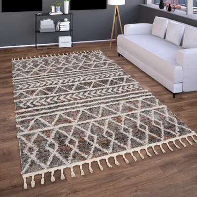 Immagine prodotto di Tappeto a pelo alto soggiorno shaggy boho moderno scandi frange a rombi dimensioni 140x200 cm