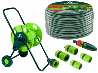 Produktbild von VERTO Schlauchwagen mit Schlauch 1/2" + Wasserspritze + 3x Schlauchverbinder, Wasserstop, Hahnverbinder - Gartenbewässerung Komplettes Starterset 50 m