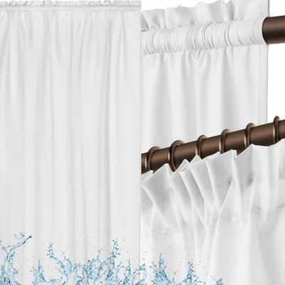 A split image showing a white curtain with a water splash design at the bottom on the left, and a close-up of a white curtain with ruffled top and bronze curtain rings on a rod on the right.