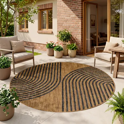 Immagine prodotto di Homebyhome Tappeto Outdoor Nero Effetto Juta Rotondo 160 cm Balcone Terrazza Giardino Resistente UV Grande Boho Tessuto piatto
