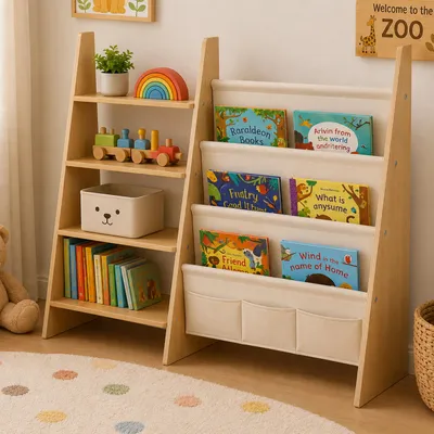 Produktbild von Relaxdays Bücherregal Kinder, 5 Stofftaschen & 4 offene Ablagen, Duo Standregal, HBT: 75x92,5x23 cm, MDF, weiß/natur
