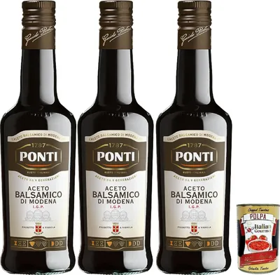 Produktbild von Ponti, Modena I.G.P. Balsamico-Essig, aus Trauben von 7 ausgewählten Rebsorten und edler Weinessig, ideal zum Würzen von rohem und gekochtem rotem Fleisch, 3x 500 ml + Italian Gourmet polpa 400g