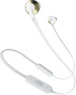 A pair of white and gold JBL wireless earbuds with a control unit.