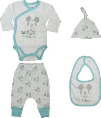 Produktbild von Disney Mickey Maus Baby 4 tlg Set Body Hose Lätzchen Mütze – Mehrfarbig / 56/62