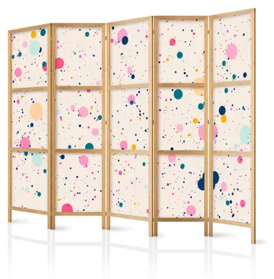 Immagine prodotto di Pannello divisorio giapponese, 5 ante, pieghevole, realizzato in tessuto non tessuto di alta qualità, con motivo a pois colorati, ideale per l'ufficio, dimensioni 225 cm x 172 cm