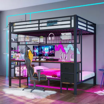 Image de Lit mezzanine noir avec cadre en fer et bureau, avec étagères, tiroirs, grille & LED 7 couleurs avec USB, sans matelas, 90x200/140x200 cm