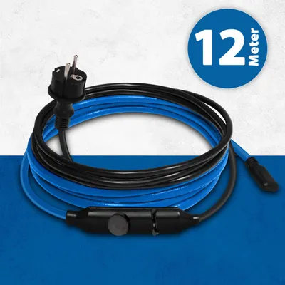 A coiled blue and black heating cable with a plug and a control unit.