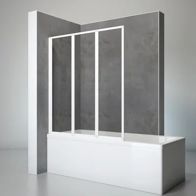 A white bathtub with a 3-panel shower screen installed, set against a grey concrete wall.