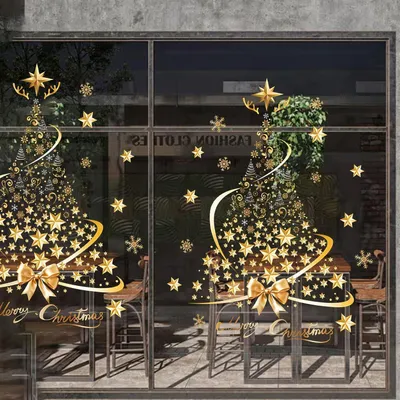 Productafbeelding van Twee kerstramen, elk 48x41 cm, met een gouden kerstboom. Herbruikbare deurstickers