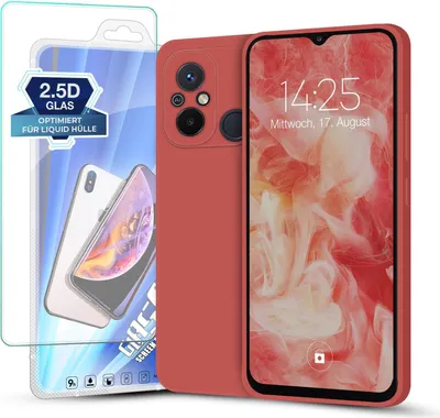 Produktbild von Hülle für Xiaomi Redmi 12C mit 9H Displayglas Displayschutz Plus Case Cover Bumper Silikon Softgrip Schutzhülle Farbe: Rot