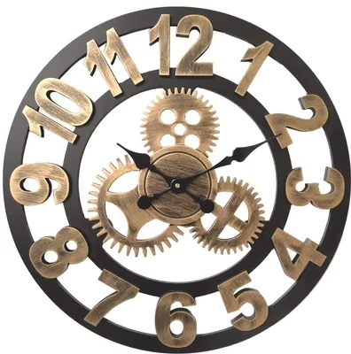 Produktbild von HSXL – Große Wanduhr aus Holz mit Zahlen 60 cm – Schwarz mit Gold – 60 cm – Leises Uhrwerk