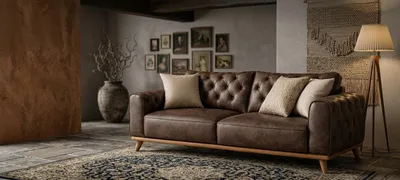 Productafbeelding van Elegant bruin Chesterfield-bank, 3-zits, met houten poten, geschikt voor de woonkamer