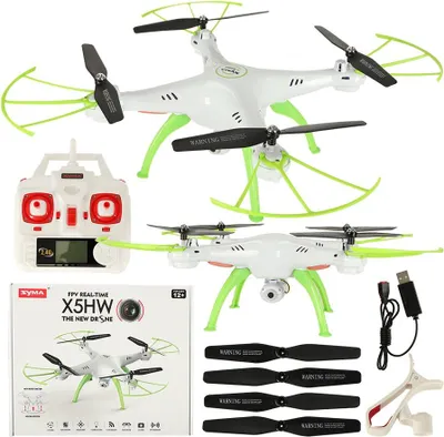 A collection of Syma X5HW drones and accessories, including a remote control and spare parts, presented against a white background.