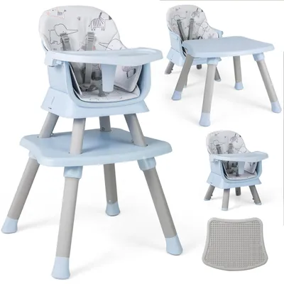 A collage of a blue baby high chair in different configurations and a separate table.