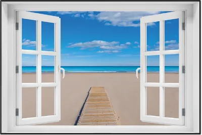 Produktbild von Wallario Wandbild mit Fenster-Illusion: Auf dem Holzweg zum blauen Meer, Größe: 61 x 91,5 cm, Poster mit schwarzem Aluminiumrahmen