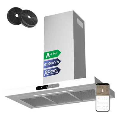Produktbild von CIARRA Dynamic A+++ 650 m3/h Dunstabzugshaube 90 cm Abzugshaube WIFI APP SensorTouch Wandhaube Edelstahl Glas Weiß VM9102W