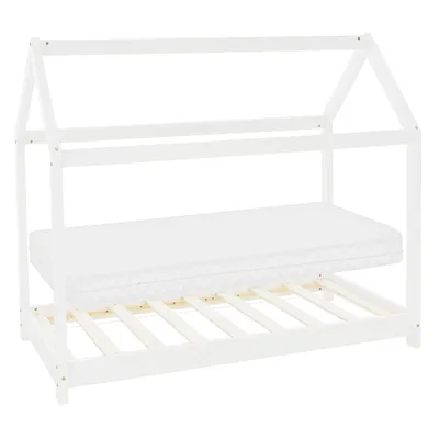 Obrázek produktu pro ML-Design dětská postel 70x140 cm s matrací, stříškou a lamelovým roštem, bílá, domácí postel z borovicového dřeva podlahová postel dřevěná postel