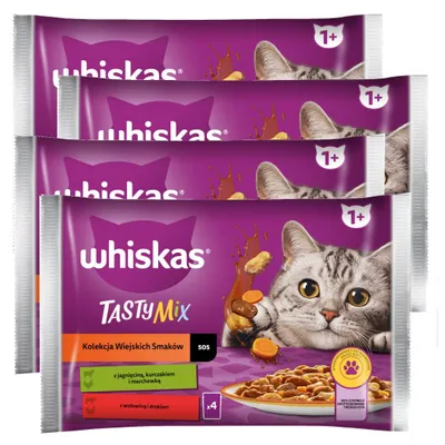 Zdjęcie produktu dla Whiskas Adult 4x340g Kolekcja Wiejskich Smaków Mokra Karma Dla Dorosłego Kota W Sosie Kawałki Z Jagnięciną Kurczakiem I Marchewką, Wołowiną I Drobiem