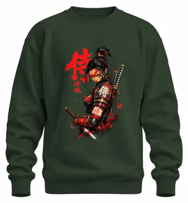 Imagen del producto de Camiseta de cuello redondo tipo sudadera, estilo "ronin", con motivos de guerrera samurái, katana, Japón, anime, estética Y2K. Color verde botella, talla S