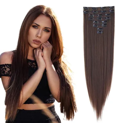 Immagine prodotto di Clip-in, extension per capelli lisci, 60 cm, 8 pezzi, fibra sintetica, colore marrone e castano