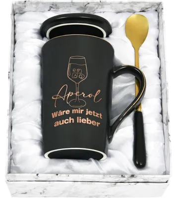 Productafbeelding van Koffiemok met de tekst "Aperol zou me nu eigenlijk ook wel smaken", 400 ml, zwart, keramiek. Cadeau-idee