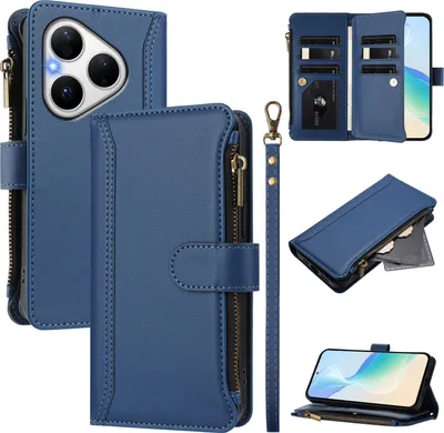 Image de Etui pour Huawei Pura 80, zippé, portefeuille Etui à rabat en cuirPolyuréthaneavec pochettes pour cartes, support et dragonne bleu