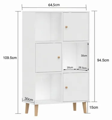 Immagine prodotto di Libreria a colonna con 6 ripiani e 3 ante, colore bianco, dimensioni 64,5 x 30 x 109,5 cm