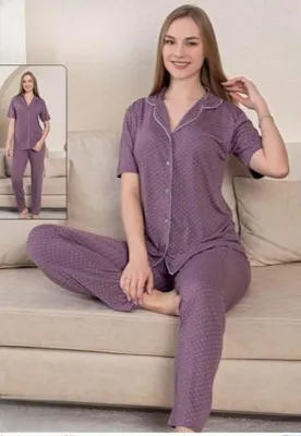 Produktbild von Damen Pyjama Schlafanzug Kurz Lila L Viskose mit Knöpfen 2 Teiler M-49