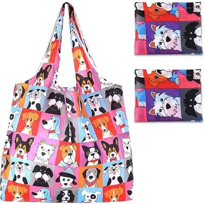 Image de Ibenzoa® : Lot de 2 sacs de courses pliables et réutilisables – Polyester, grande taille 46 x 40 cm, sacs robustes avec un motif chien élégant, parfaits pour les courses, le sport et le yoga