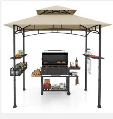 Immagine prodotto di KOMFOTTEU: Gazebo per barbecue di grandi dimensioni, 242 x 153 cm, con 2 ripiani laterali, cestino in metallo, ganci, apribottiglie, tetto a doppia falda e struttura in metallo. Copertura per esterni, pensilina per barbecue ideale per terrazza, giardino e cortile
