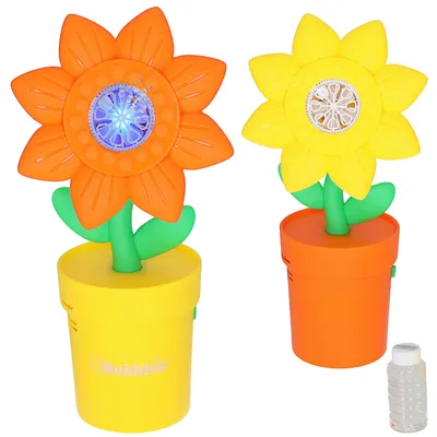 Produktbild von Seifenblasen Blumentopf gelb orange 13,5x31x15cm Kunststoff 55ml Seifenblasenmaschine batteriebetrieben Seifenblasenstab Seifenblasenlösung LED blau batteriebetrieben