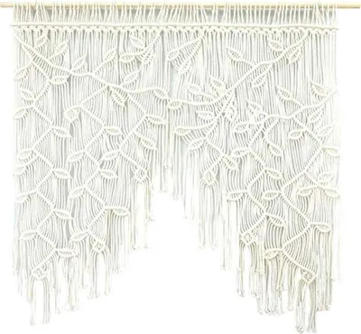 Produktbild von Makramee-Schiebevorhänge, Boho-Vorhänge, kurze Bistro-Vorhänge im Landhausstil mit gewebten Blättern, Wandbehang aus Makramee für Schlafzimmer, Hochzeitskulisse, Makramee-Wandbehang im Bohème-Stil