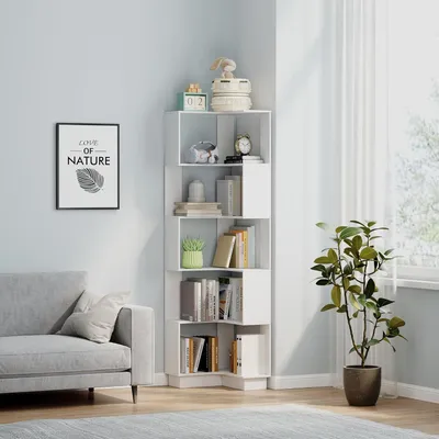 Immagine prodotto di Libreria a 6 ripiani, angolare, in legno, altezza 175 cm, libreria angolare moderna, scaffale verticale, ideale per il soggiorno, libreria a forma di "S" per ufficio, camera da letto o studio