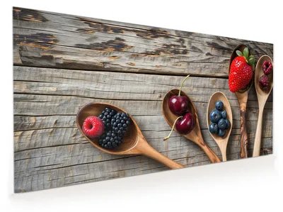 Produktbild von Küchenrückwand Spritzschutz Glas mit Motiv Holzlöffel mit Beeren 40 x 40 cm