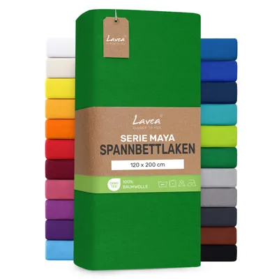 Zdjęcie produktu dla Lavea® prześcieradło z gumką, 120x200 cm, wzór Maya, 100% bawełna – miękkie, oddychające prześcieradło do materacy o grubości do 20 cm - kolor: leśna zieleń