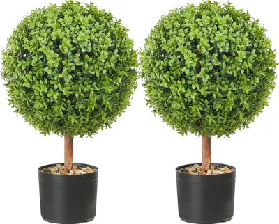 Image de SucceBuy Arbres artificiels en forme de buis 24 pouces de taille (2 pièces) en forme de balle Faux plante avec planteur Vert Feaux plante décorative Intérieur Extérieur Jardin