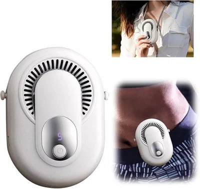 Obrázek produktu pro Přenosný ventilátor 4 v 1 – bezlopatkový – 5 rychlostí – digitální displej – dobíjení přes USB – na krk, do ruky i na stůl – bílý