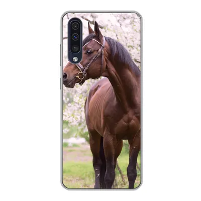 Produktbild von MuchoWow® Handyhülle Schutzhülle Hülle für Samsung Galaxy A30s Pferd - Sakura - Halfter Silikon Softcase Handy Hülle - Karteninhaber