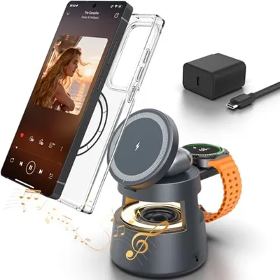 Produktbild von 5-in-1 kabellose Ladestation,magnetisch,mit Bluetooth Lautsprecher & RGB Nachtlicht,faltbar,für Smartphone,Uhr & Kopfhörer, ideal für Schlafzimmer