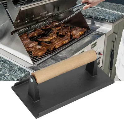 Produktbild von Steakpresse aus Gusseisen, Grillpresse mit Holzgriff, 21×11 cm, schwer & robust, doppelseitig, für Pfanne, Grill & Panini, gesundes Kochen