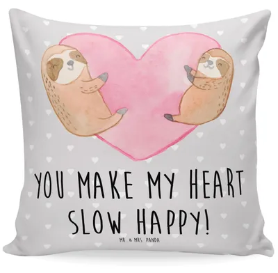 Produktbild von Mr. & Mrs. Panda Kissen 40x40 Faultiere Herz - Grau Pastell - Geschenk, Mitbringsel, Weiches, Valentinstag, Dekokissen Sofa, für Partner, Sofakissen, bedruckt, Freundin